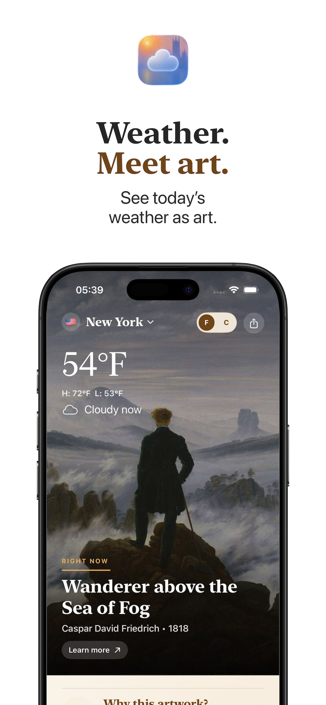 ArtForecast app showing weather as artwork